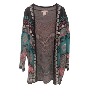 Flying Tomato Womens Cardigan (Size: Large) Green-Coral Black Boho Open